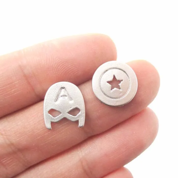 CAPTAIN AMERICA MASK AND SHIELD SHAPED STUD EARRINGS IN SILVER SUPER HEROES JEWELRY