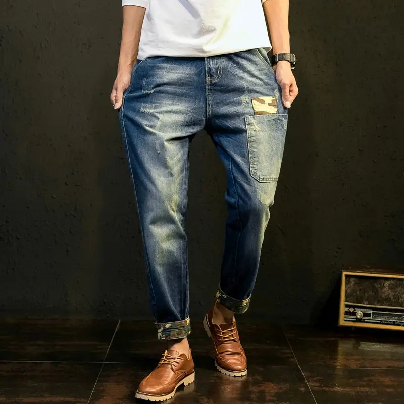 Японский Harajuku Для мужчин новой молнией джинсы Весенняя мода полный брюки Loose Fit шаровары мужские рваные военные брюки плюс Size40 42