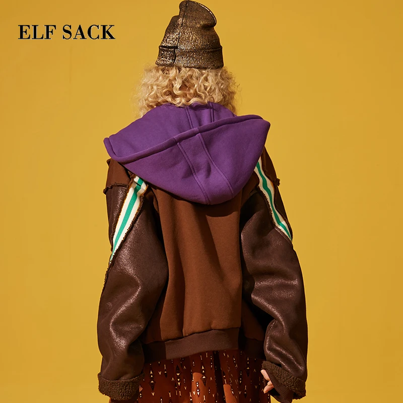 ELFSACK, Ins, стильное Женское шерстяное пальто, в полоску, с длинным рукавом, однобортное, Femme, повседневные куртки, с широкой талией, хлопковые куртки, пальто