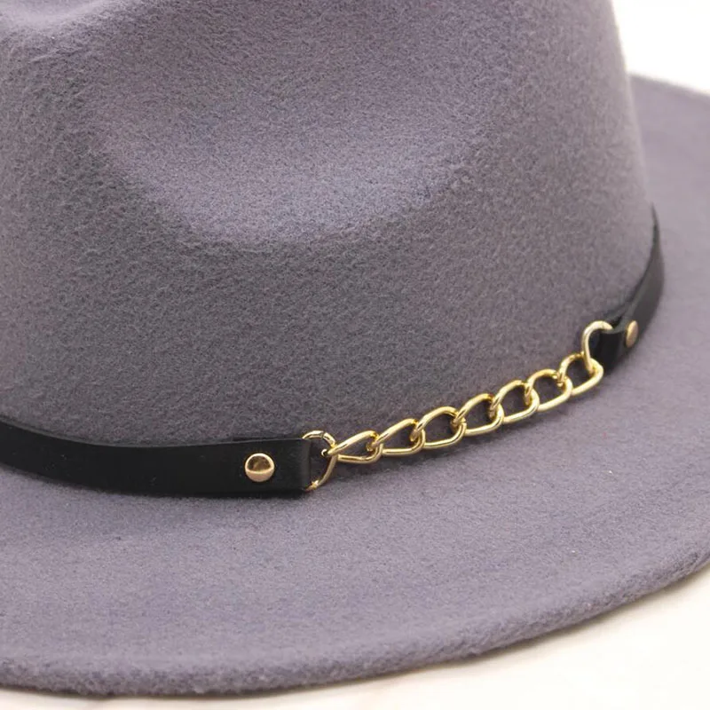 Элегантная шляпа-федора с широкими полями, женские шерстяные фетровые шляпы, кожаный ремень, Весенняя зимняя женская джазовая шляпа, черные шляпы и кепки