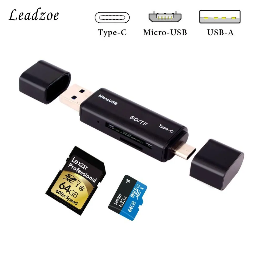 Кардридер Leadzoe 3 в 1 USB, Micro USB, кардридер типа C с кардридером SD/TF/Micro SD