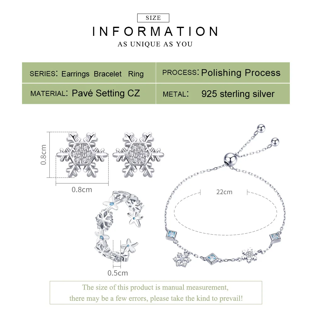 BISAER, настоящий 925 пробы, набор серебряных ювелирных изделий, зимний набор украшений со снежинками, серьги, кольца, набор, подлинное серебро, изготовление ювелирных изделий
