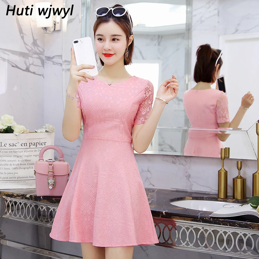 

Summer Women Sexy Black Lace Sundress Plus Size 2019 New Korean Pink Bodycon Mini Dress Elegant Short Sleeve Party White Vestido