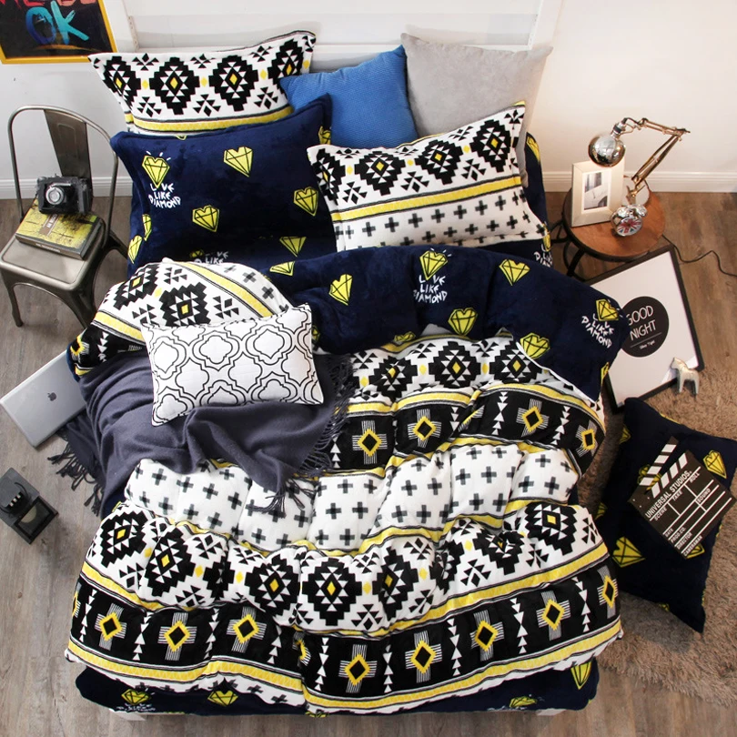 

4pcs/set Autumn and winter bedding thicker warm four-piece geometric patterns coral cashmere on both sides of available bedding