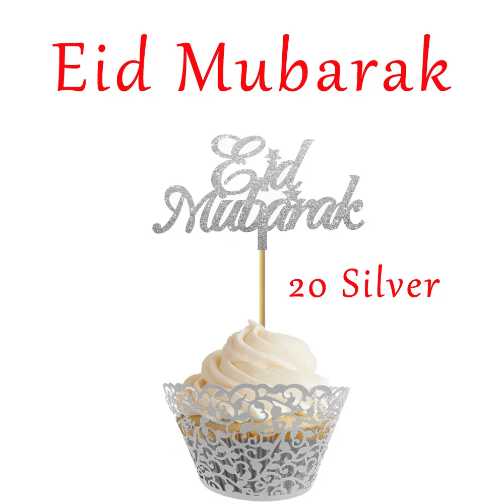 20 шт Блестящий золотистый Серебристый Eid Mubarak Рамадан Мубарак Umrah Mubarak Cupcake For для мусульманского Eid праздничный торт - Цвет: EID Mubarak