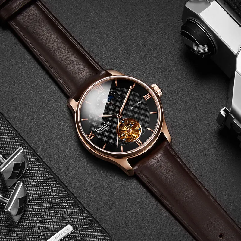 Bestdon механические часы для мужчин кожаный Скелет Автоматические наручные швейцарские люксовый бренд человек фаза Луны полые бизнес - Цвет: Rose-black