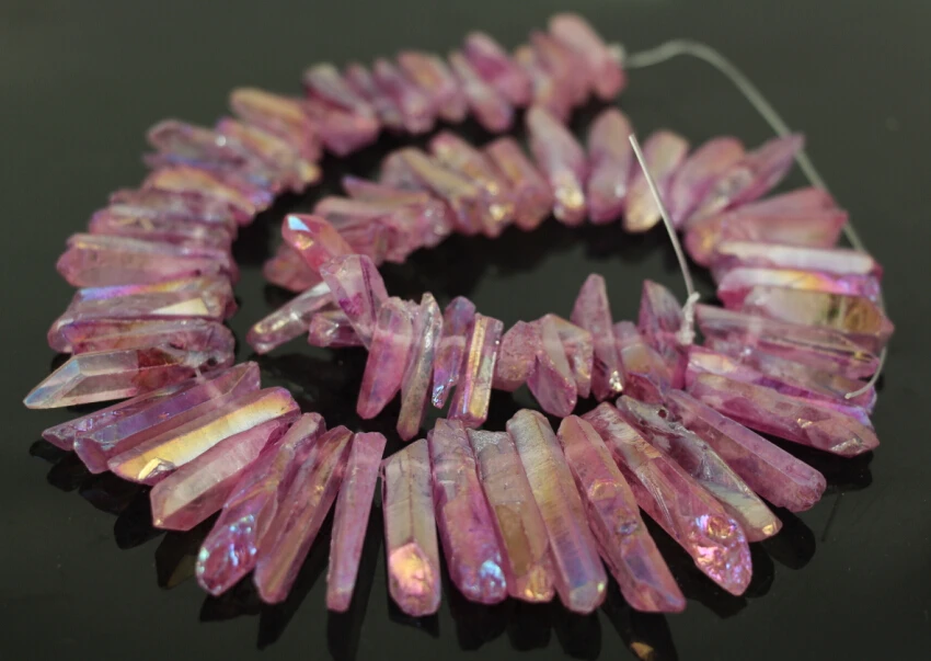 

15.5"Strand Purple Red Titanium Quartz Crystal Top Drilled Point Pendant Beads,Rock Raw Crystal Pillar Stick Tusk Beads Jewelry