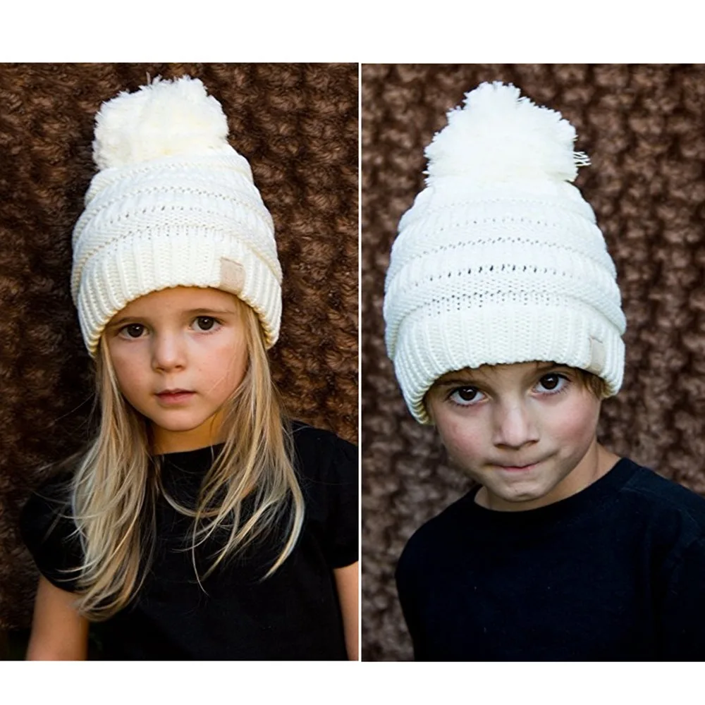 Модная детская шапка Skullies женские шапочки с помпоном дети CC шапки теплые зимние