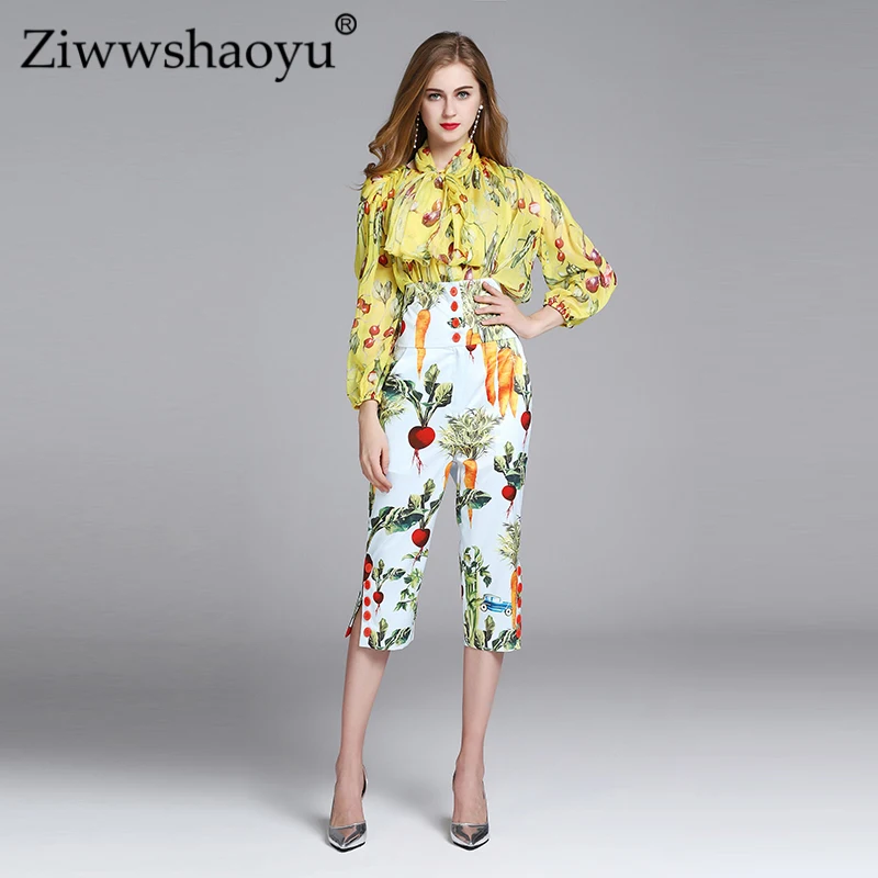 

Ziwwshaoyu Elegant Print Sets O-Neck Puff Sleeve Chiffon Top + High waist Calf-Length Pants Set Spring and summer new women's