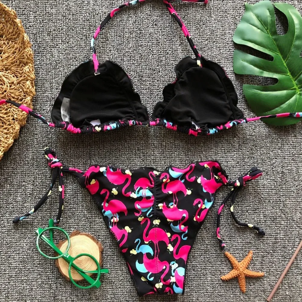 Women Flamingos Printed Tankini Bandage Bikinis Set Low Waist Swimwear Fold Bathing Suit Padded Biquinis maillot de bain femme L