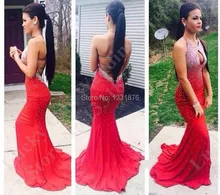 Vestidos De Formatura Lange Red Mermaid/Trompete Brautkleider 2015 Kristall Perlen Sparkly Lange Abendkleider Frauen Party Kleider