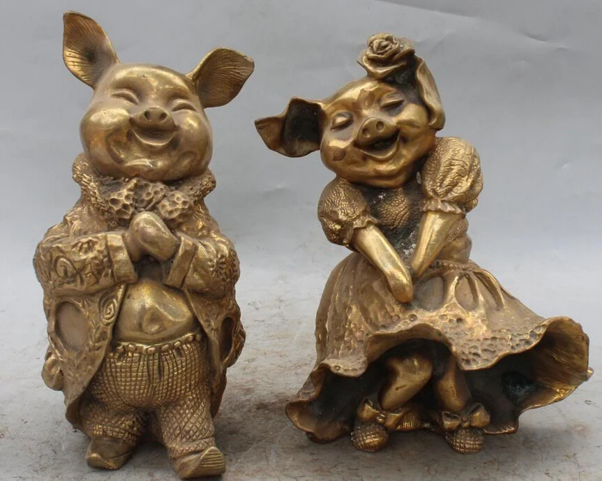 

8" Marked Chinese Bronze Brass Piggy One Pair Auspicious Hog Swine Statue R0709 B0403