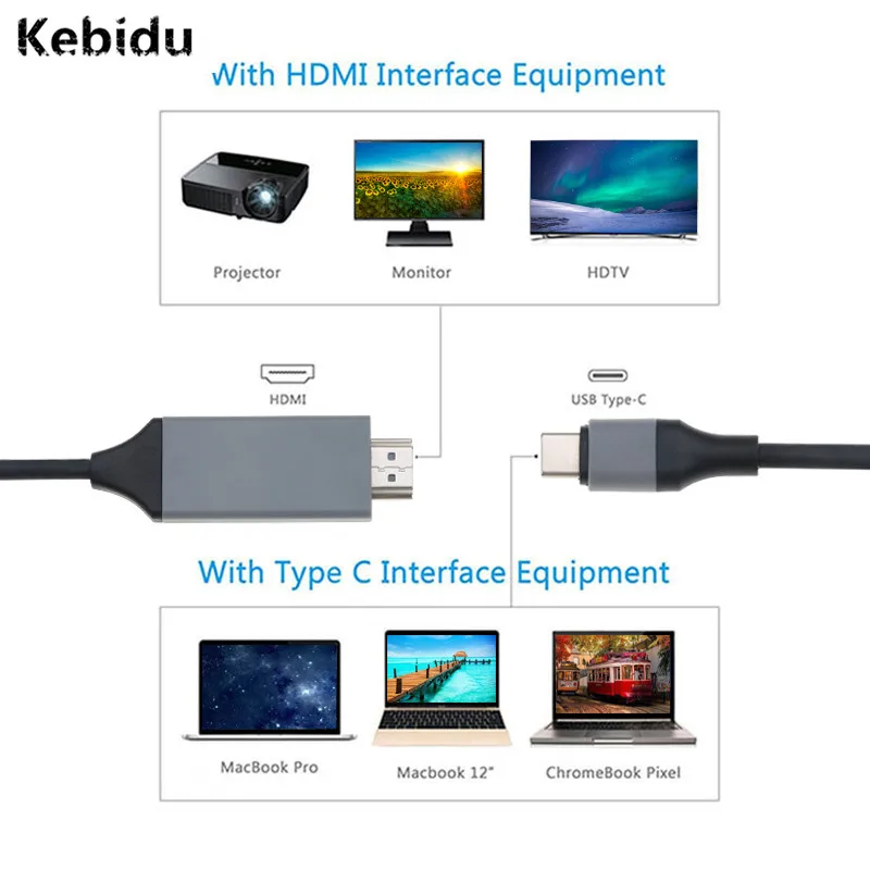 

Kebidu 4K USB 3.1 Type C to HDMI Cable 2m 30Hz HD Extend Adapter for Macbook Samsung S8 Wholesale