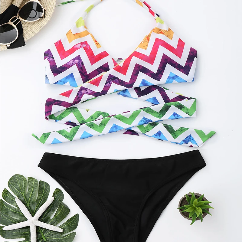 

Wavy Rainbow Stripes Print Bikini Set 2018 New Women's Swimming Suit Sexy Cross Strap Bandage Swimwear Swimsuit Bathing Suit