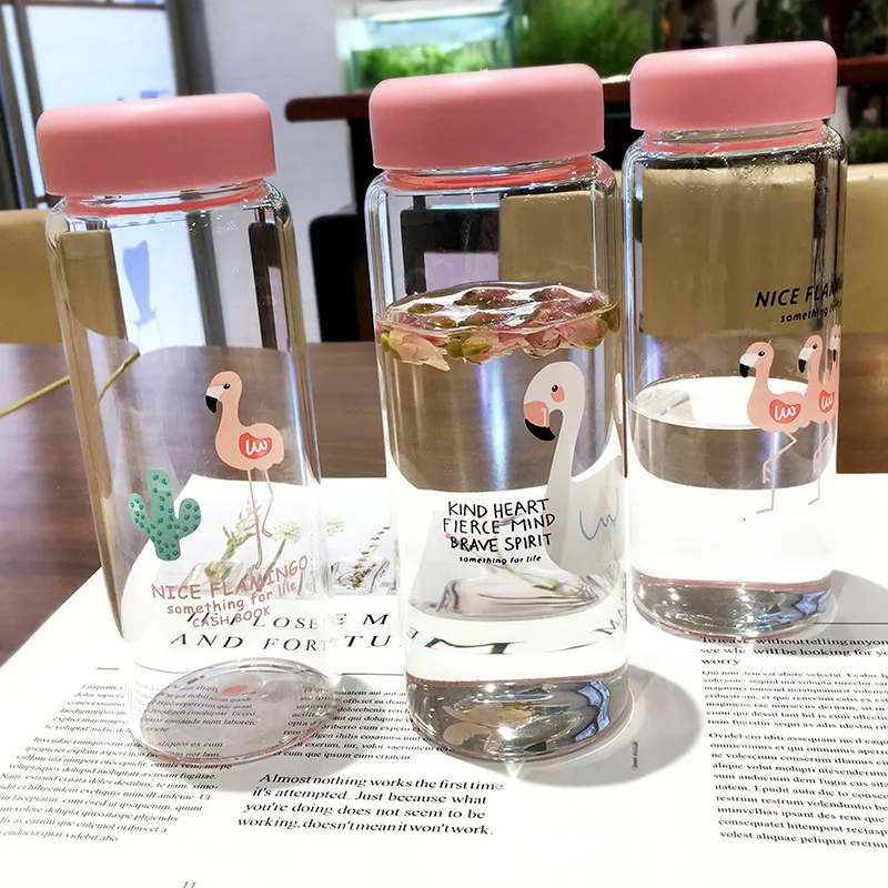 

450ml Cute Cartoon Flamingo Glass Water Bottle Portable Leak-proof Milk Lemon Juice Drinking Bottles