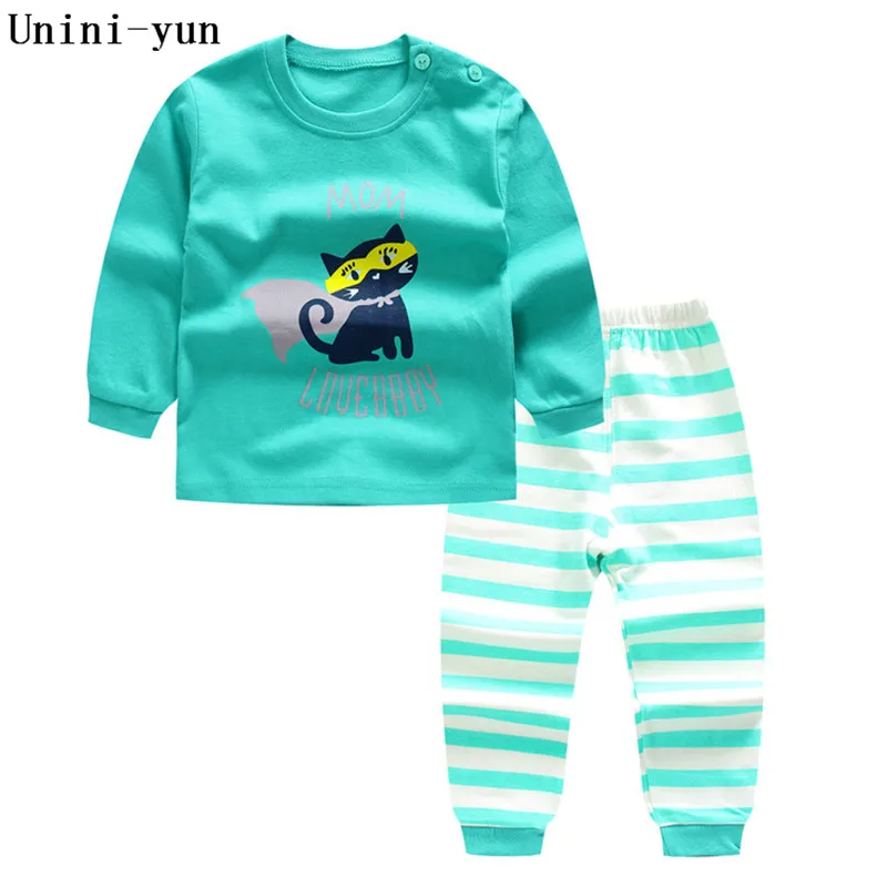 

children's set 2017 new autumn boys Cotton animal cute cat print brand long sleeve children's Sets Striped pants Green tracksuit