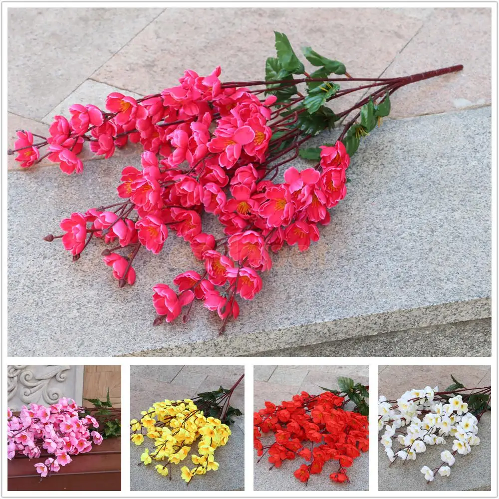 Artificial Peach Blossom 7 Stems Silk Flower Bouquet for Home Office