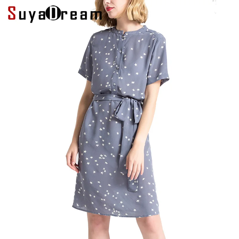 

Women Silk dress Luxury 100% Real silk Short sleeved Printed Belted dresses 2018 Summer Slate Blue