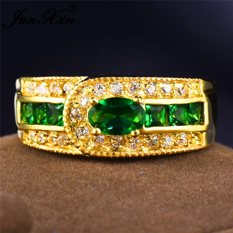 JUNXIN мужской женский зеленый камень для родившихся в мае кольца для Для мужчин Для женщин желтого золота овальной формы квадратные кольца Zircon Роскошная бумажная коробка подарка