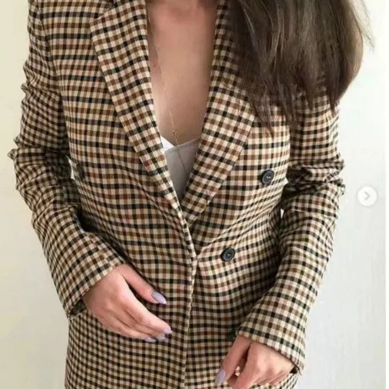 

Retro V-Neck Slim Plaid Blazer Turn-Down Collar Jacket Long Sleeved Checked OL Woman Suits Casual Buckles Double-breasted Coat
