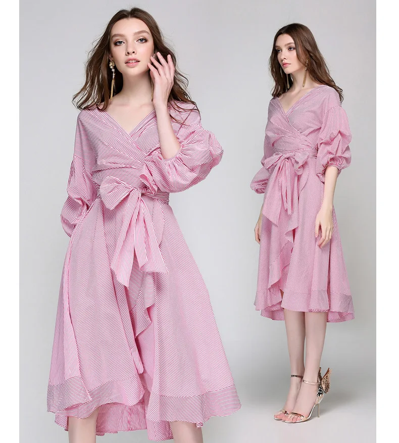 

Pink Blue Striped maxi summer dress women Elastic causal Puff Sleeve beach long dress female Spring vestidos dress robe femme SP