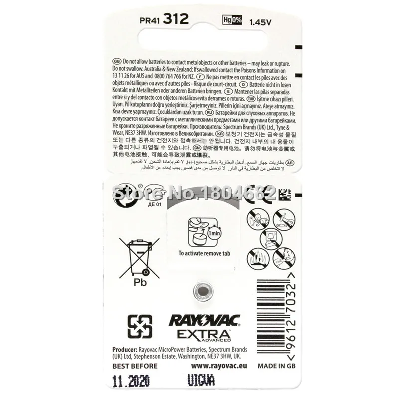 120 шт. аккумуляторы для слуховых аппаратов Rayovac 1 45 в Аккумулятор Zinc Air 312/A312/PR41