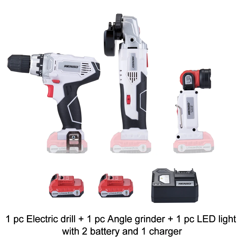 

Keinso 12V power tools set Angle grinder Electric drill and Led light share with two lithium battery and one charger