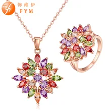 FYM Fashion Brand Luxury Rose Gold color Colorful Zircon Necklace Ring Set Cubic Zirconia Women Ring Size 7-8 Jewelry Sets blucome brand design rose gold color square cubic zircon ceramic earrings ring set chinese porcelain women wedding jewelry sets