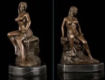 

28cm Abstract Copper Bronze marble base "sitting nude beautiful girl"