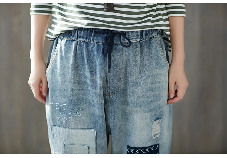 Для женщин Капри бойфренда джинсы для 2019, Новая мода лето лоскутное свободные джинсовые штаны шаровары эластичный пояс