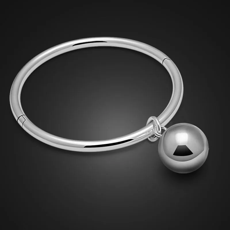 

boho antic silver cuff bangle Solid 925 Sterling Silver bangle Charm Bracelet Small bell sphere bracelets for women