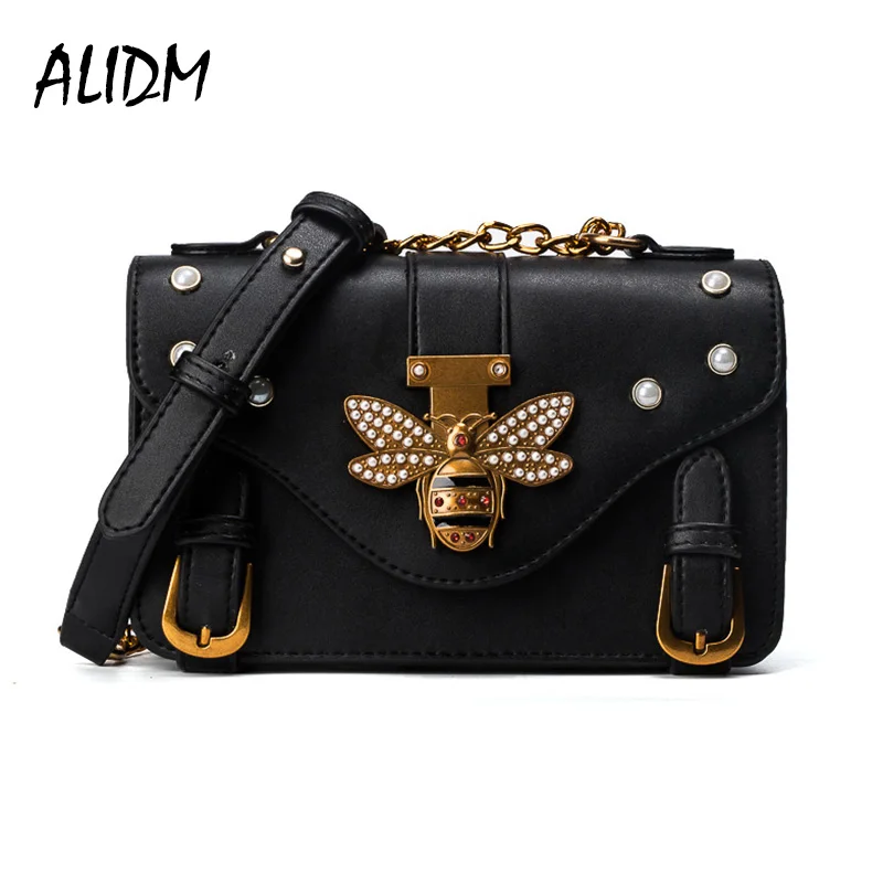 

Fashion Design Lady Bee Pack Metallic Pearls PU Leather Ladies Shoulder Bag Ladies Metal Chain Shoulder Messenger Bag