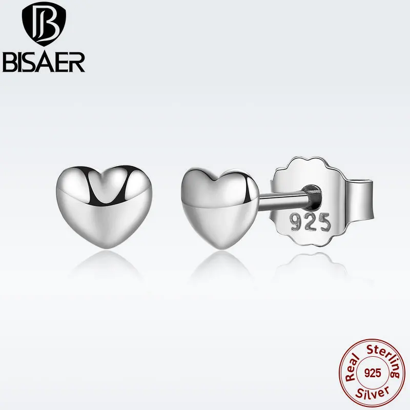 BISAER 925 пробы серебряные маленькие серьги-гвоздики в форме сердца для девочек женские серебряные модные серьги ювелирные изделия brincos WEUS441