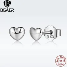 BISAER 925 пробы серебряные маленькие серьги-гвоздики в форме сердца для девочек женские серебряные модные серьги ювелирные изделия brincos WEUS441