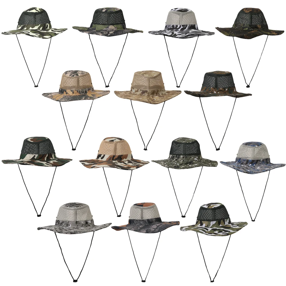 Для мужчин женщин Панамка Camo кепки Хлопок рыбалка поля козырек Защита от солнца Safari лето Кемпинг армии Военная Униформа ковбой