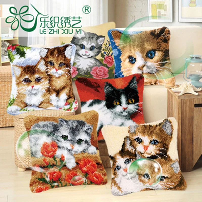 

Cat Animal Cushion Cover Making kits Latch Hook Rug For Beginners Embroidery KYY8834