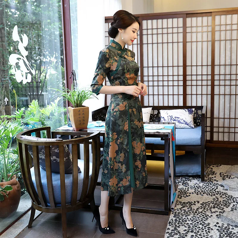 Летнее новое ретро улучшенное с коротким рукавом шелковое в китайском стиле вьетнамское Odie тонкое капок платье-Чонсам с принтом размера плюс M-3XL