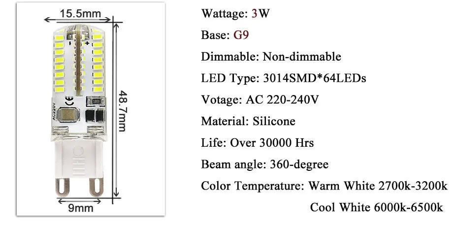 10 шт./партия, G9, светодиодная лампа, AC 220 В, светильник, лампы, 360 градусов, теплый, холодный, белый, Точечный светильник, замена галогеновых ламп, свеча, люстра, светильник s
