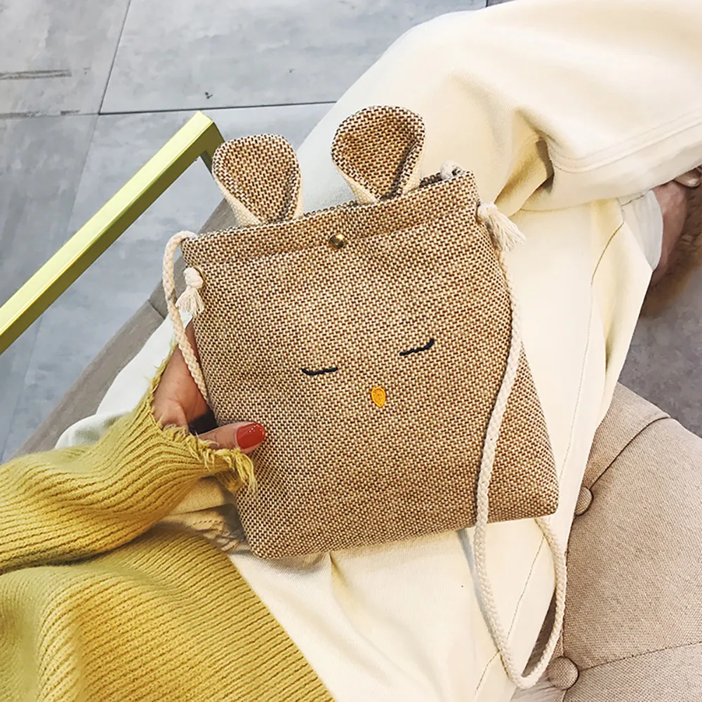 

New Women's Cute Bag Burlap Cat Ears Small Square Simple Coin Purse Bags Shoulder Casual tracolla bolso mujer shouderabag female
