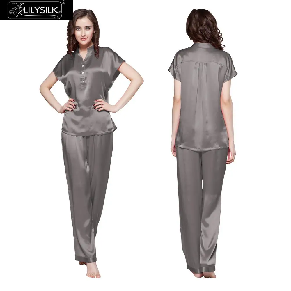 LilySilk Пижама женская комплект шелковый костюм женское белье домашняя одежда для женщин 22 momme для чувствительной кожи с коротким рукавом - Цвет: Dark Grey