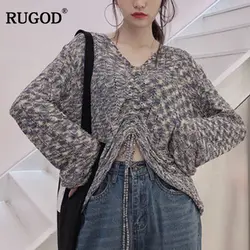 RUGOD новые модные женские на шнуровке свитер 2018 Повседневное рукав "летучая мышь" v-образным вырезом вязаный короткий пуловеры для Для женщин