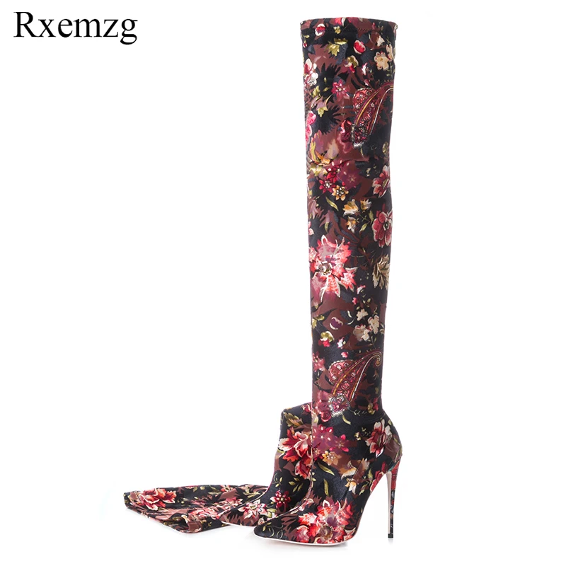 

Rxemzg autumn new stilettos high heels over the knee slim boots print flowers stretch fabric slip on fashion boots shoes woman