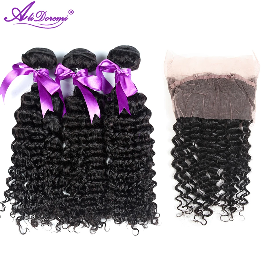 Alidoremi Brazilian Deep Wave 2/3 Bundles With 360 Lace Frontal Closure Hair Weave Bundles Non Remy Human Hair Alidoremi Brazilian Deep Wave 2/3 Bundles With 360 Lace Frontal Closure Hair Weave Bundles Non Remy Human Hair