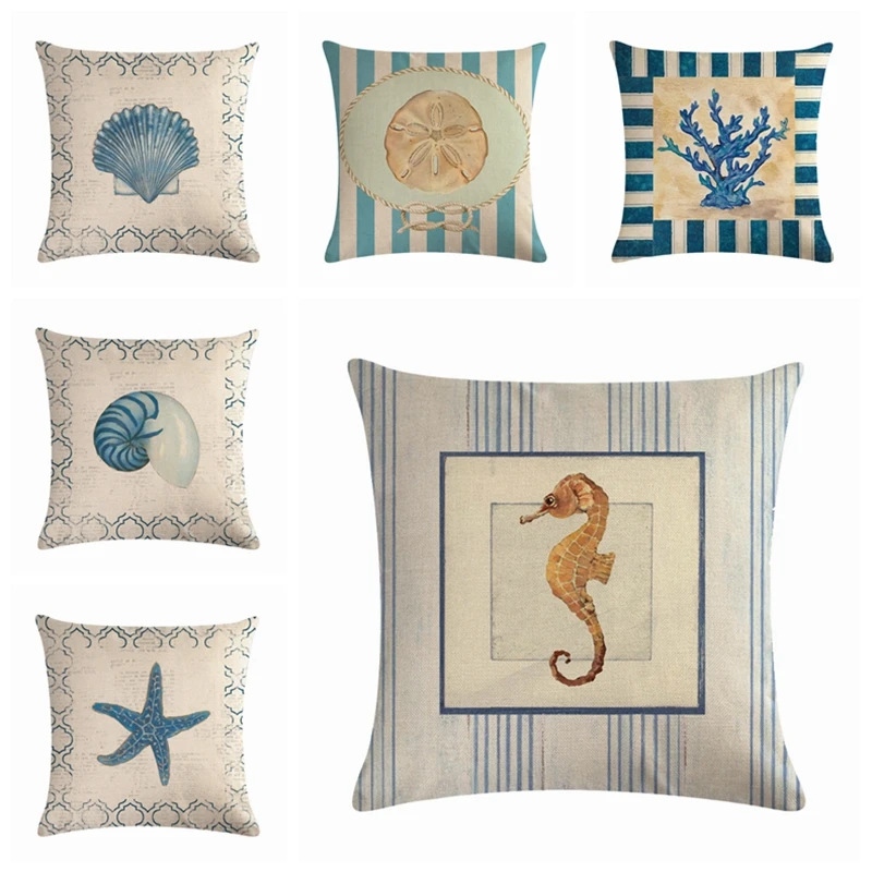 

Marine Style Seashell Printed Pillow Cover Blue Sea Vintage Decorative Cushion Cover Home Decor Sofa Chair Car Throw Pillowcase