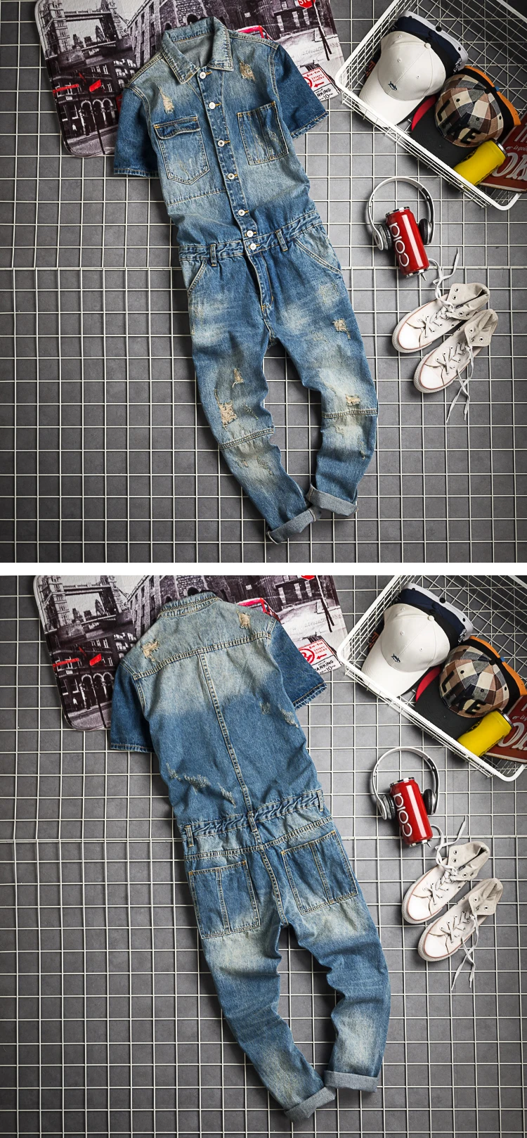 Мужские джинсовые комбинезоны с коротким рукавом, мужские повседневные ...