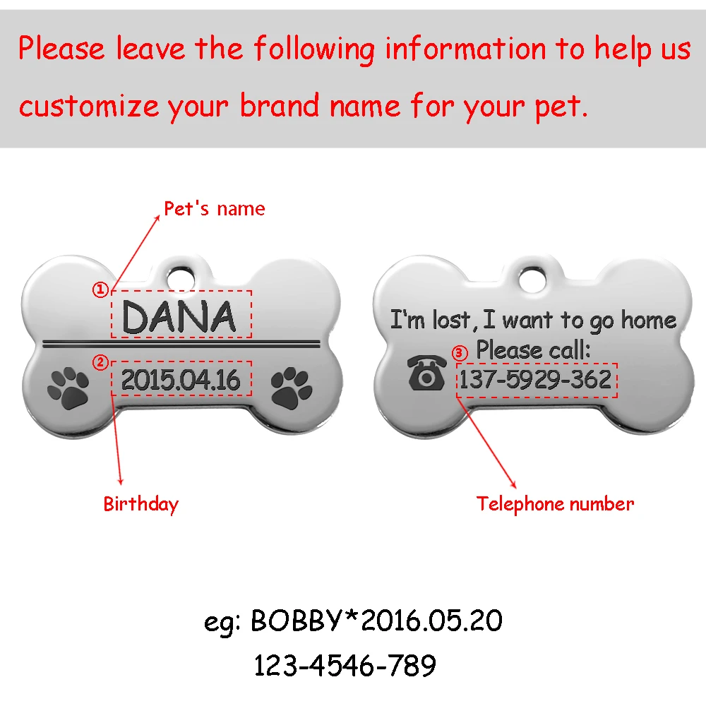Pet ID Tags Personalized Engraved Dog Cat Puppy Collar Tag Pendant Bone/Paw Glitter
