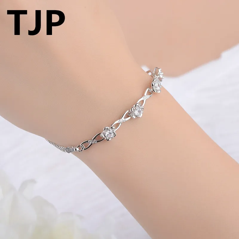 TJP изысканные в форме цветка Кристалл CZ женские браслеты, украшения из чистого серебра 925 пробы Famale Браслеты Аксессуары для помолвки