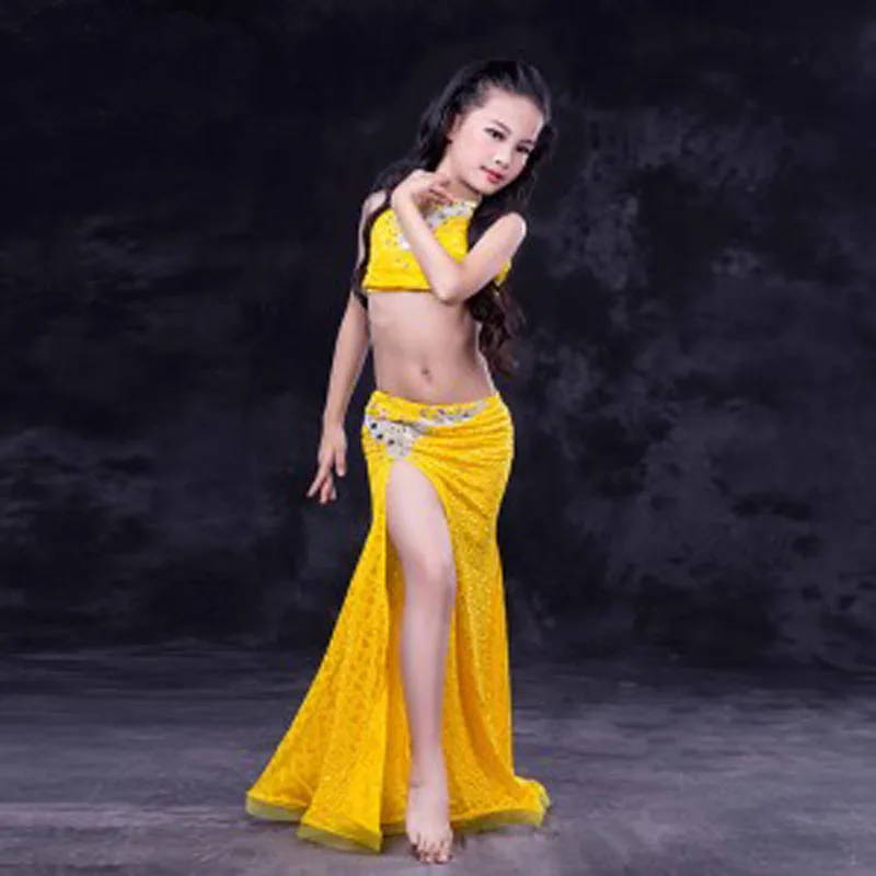 Высокое качество девушки танец живота представление костюмы сексуальный Восточный танец для детей 2 шт. ажурный топ Русалка Юбка - Цвет: Yellow