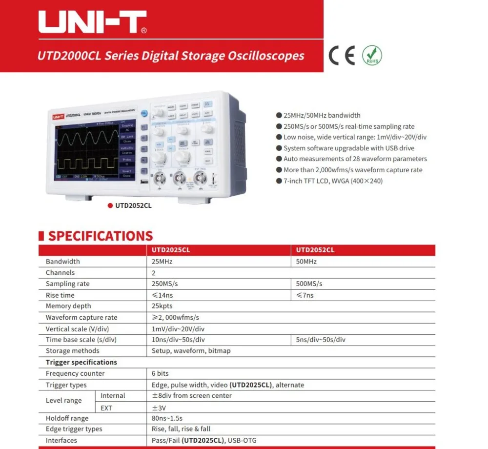 UNI-T UTD2025CL Цифровые запоминающие осциллографы 2CH 25 МГц 250 мс/с с 7 дюймов Широкоэкранный Светодиодные дисплеи