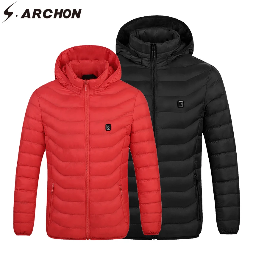 

S.ARCHON Winter Mens USB Heated Jacket Tactical Military Thermal Warm Coat Men Cotton Casual Fashion Heating Hoodie Jackets Male
